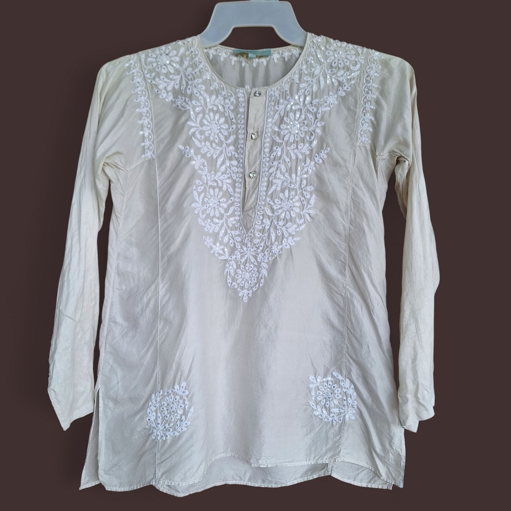 Leaves of Grass Medium Beige Embroidered Sequin Rhinestone Tunic Top 100% Silk